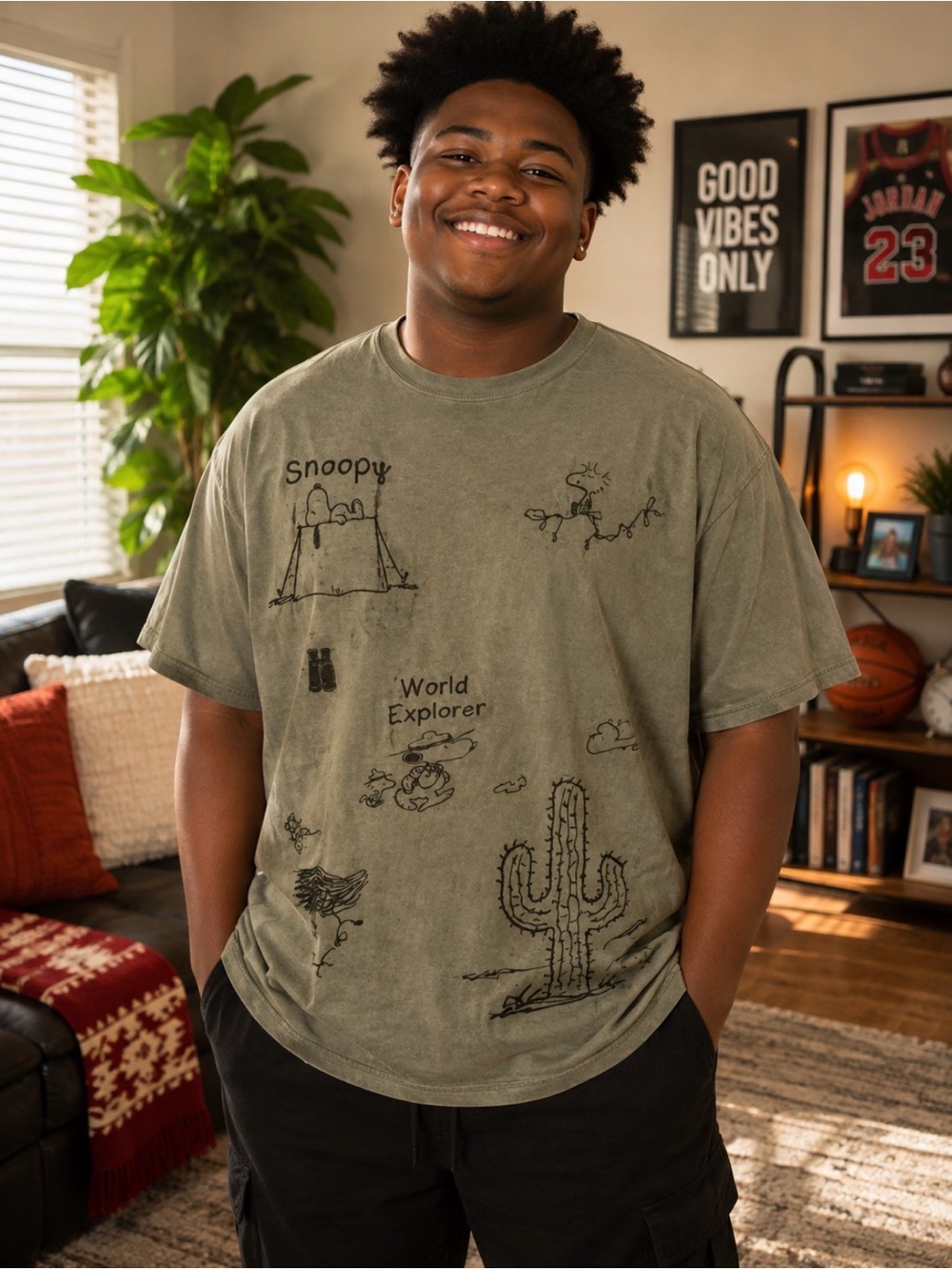 Snoopy World Explorer Graphic Tee - Olive Green